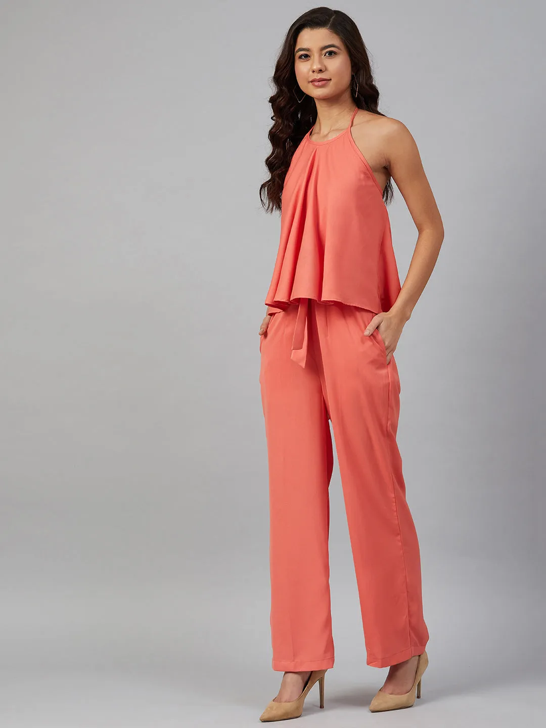Jashvi Women Peach-Coloured Solid Halter Neck Basic Jumpsuit