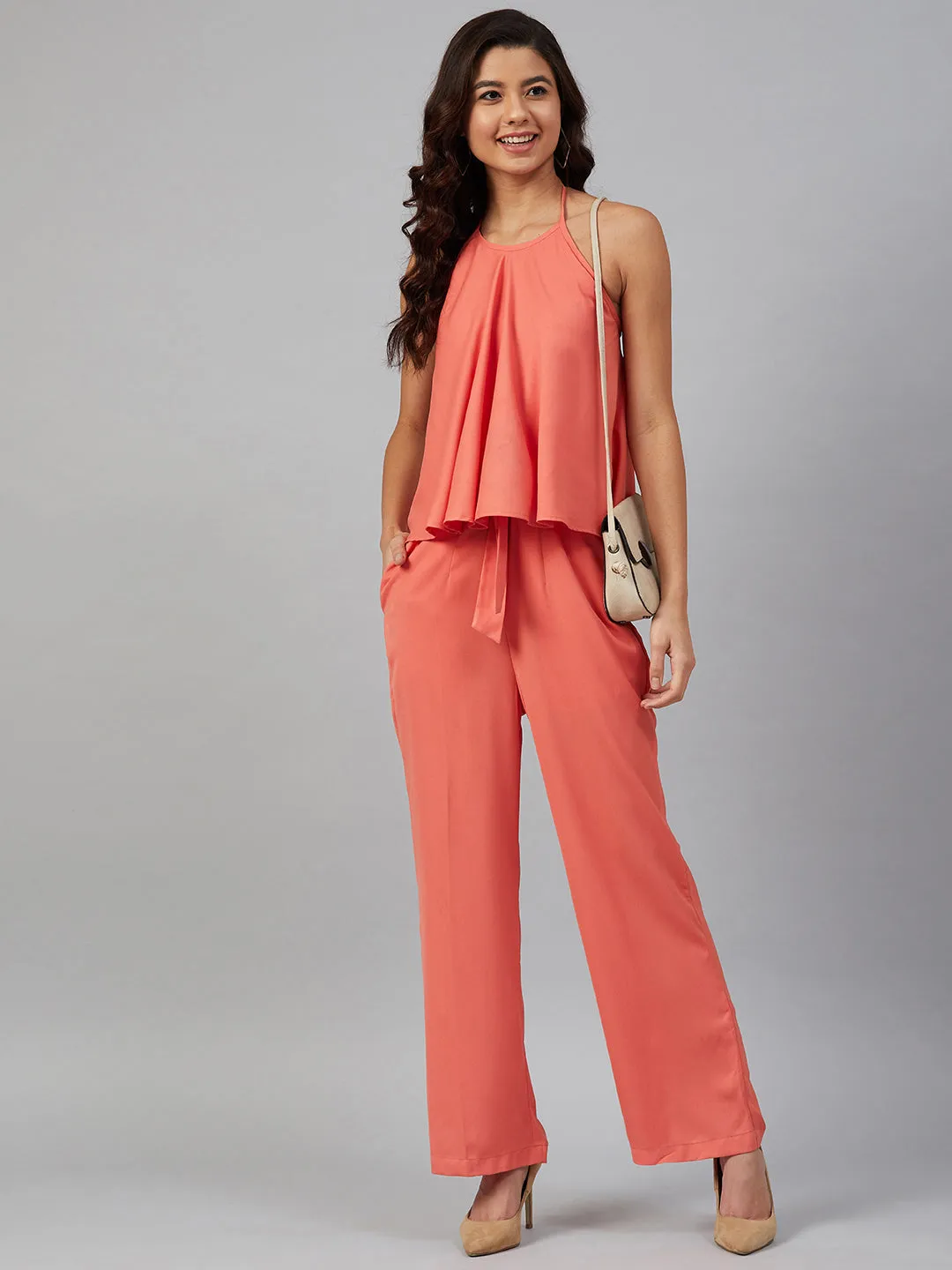 Jashvi Women Peach-Coloured Solid Halter Neck Basic Jumpsuit