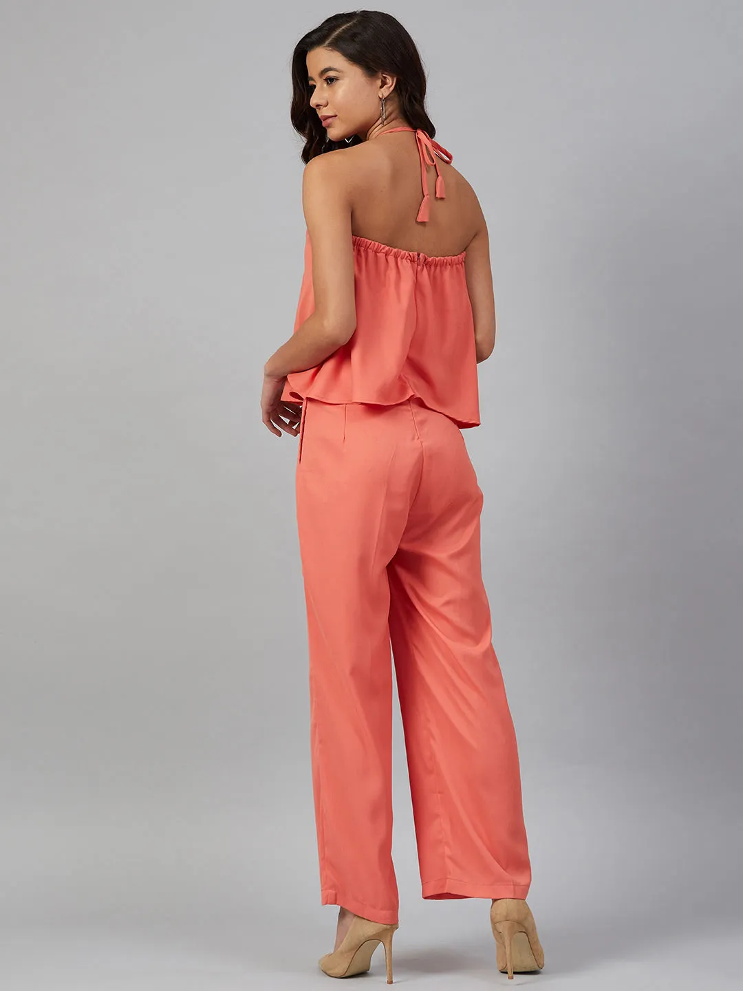 Jashvi Women Peach-Coloured Solid Halter Neck Basic Jumpsuit