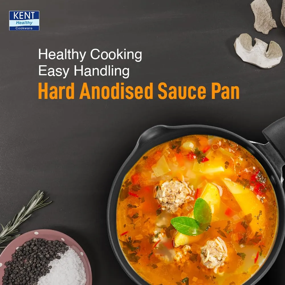 KENT Hard Anodised Sauce Pan |Non Reactive, Non Toxic, & Non staining Food Grade Surface| 3.25mm Thick Base for Uniform Heating| Cool Touch bakelite Handle |1.5L Capacity