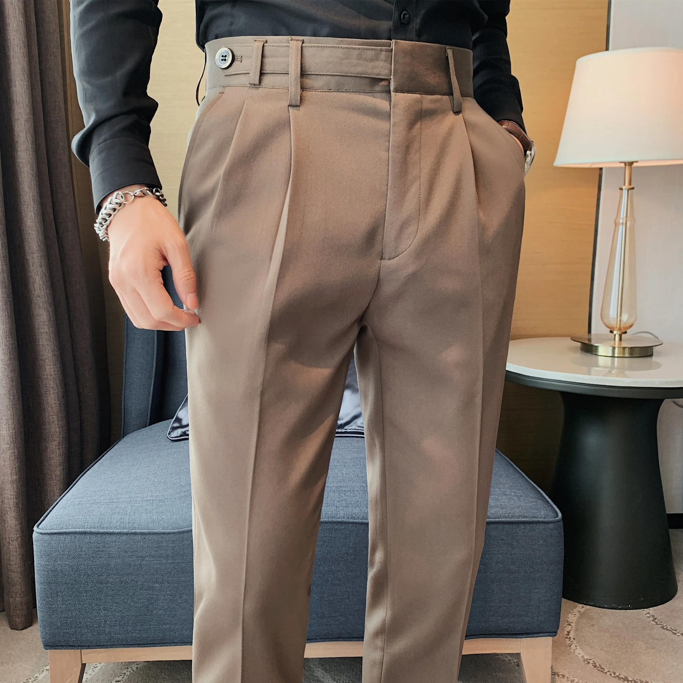 Men's Business Slim Fit Dress Pants Solid Color Casual Trousers