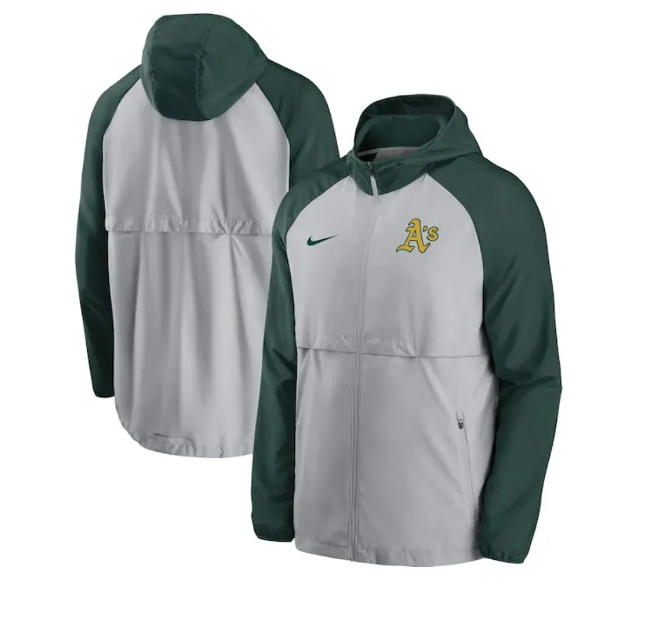 Men's Nike Oakland Athletics Mesh Logo Essential Full-Zip Hoodie Jacket - GREY/GREEN