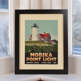 Nobska Point Light Art Print 8" x 10" Framed Travel Poster By Alan Claude - Massachusetts