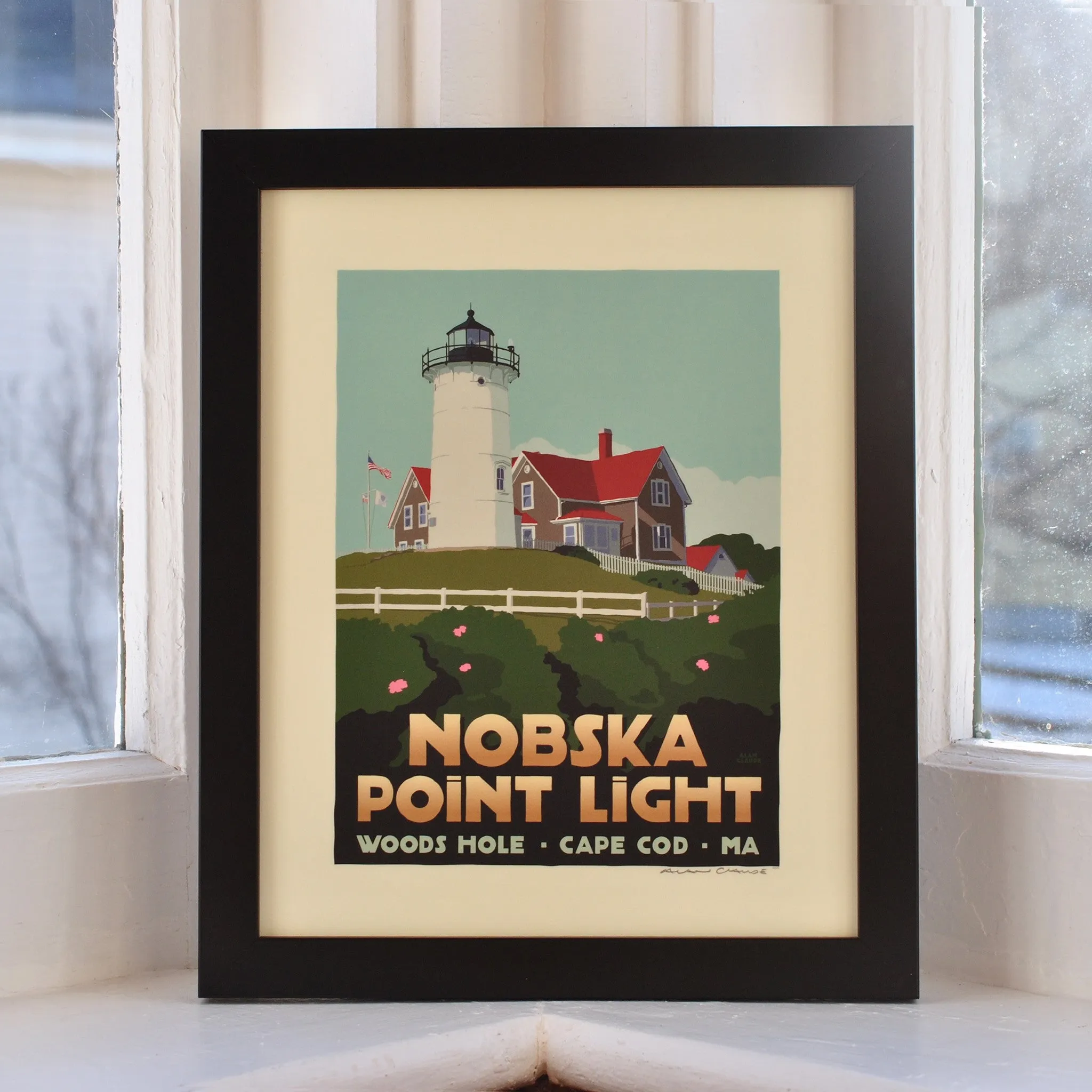Nobska Point Light Art Print 8" x 10" Framed Travel Poster By Alan Claude - Massachusetts