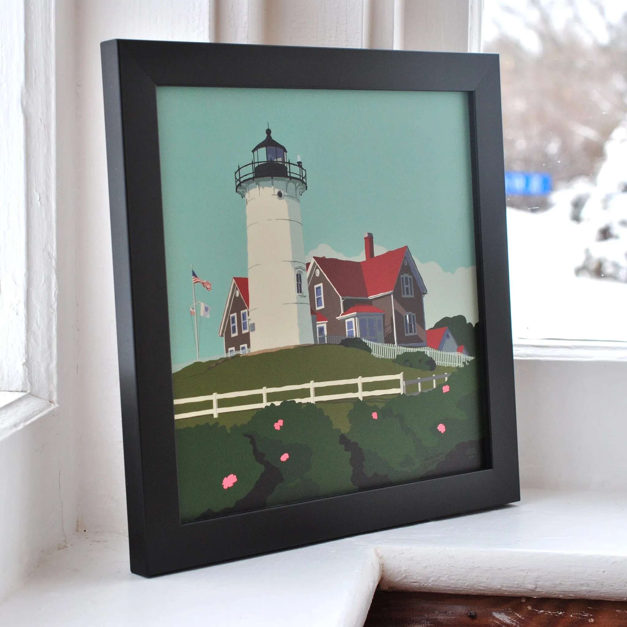 Nobska Point Light Art Print 8" x 8" Framed Wall Poster By Alan Claude - Massachusetts