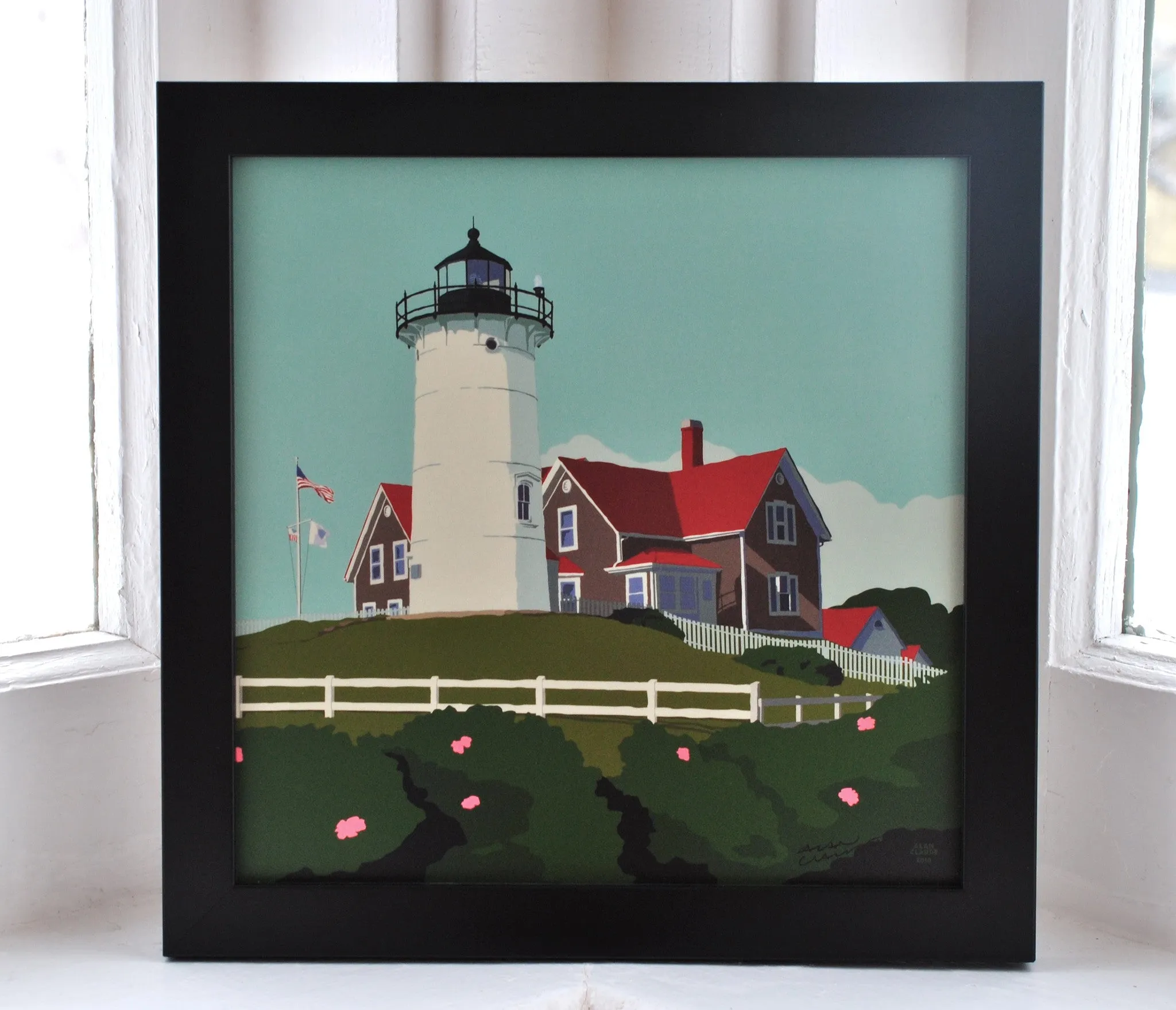 Nobska Point Light Art Print 8" x 8" Framed Wall Poster By Alan Claude - Massachusetts
