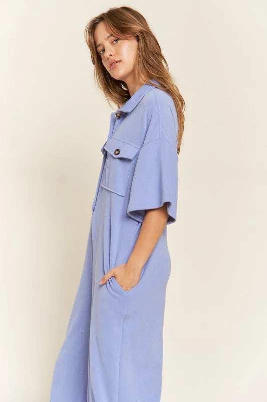 Plus Collar Shirt Wide Leg Jumpsuit