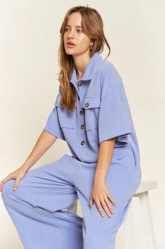 Plus Collar Shirt Wide Leg Jumpsuit