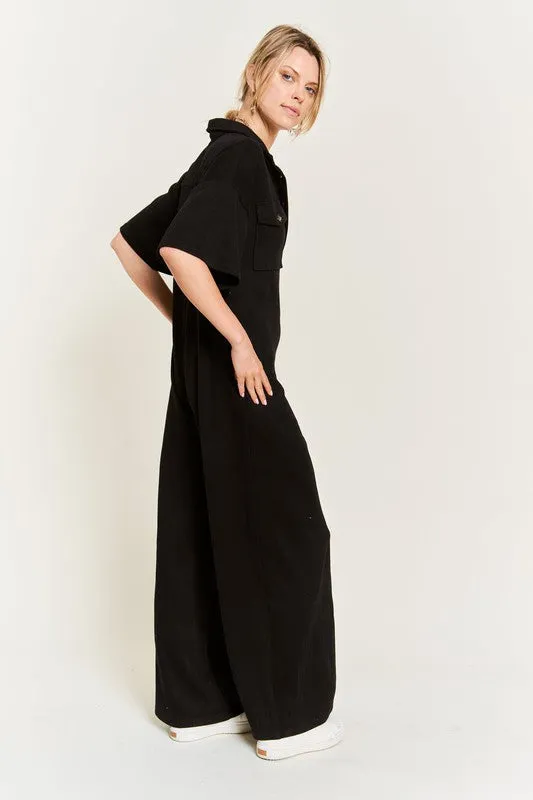 Plus Collar Shirt Wide Leg Jumpsuit