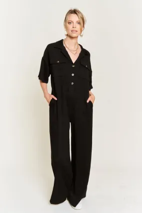 Plus Collar Shirt Wide Leg Jumpsuit