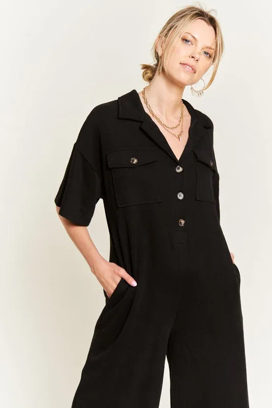 Plus Collar Shirt Wide Leg Jumpsuit