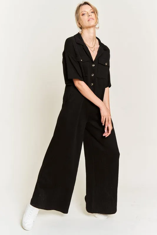 Plus Collar Shirt Wide Leg Jumpsuit