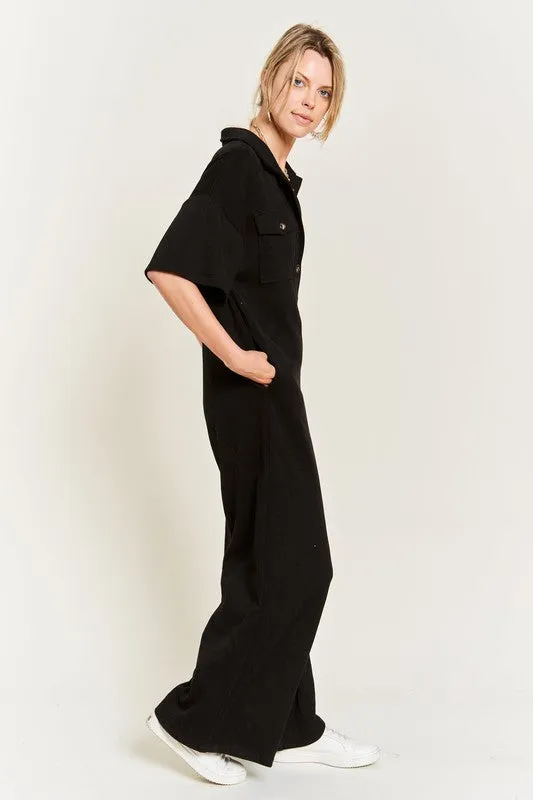 Plus Collar Shirt Wide Leg Jumpsuit