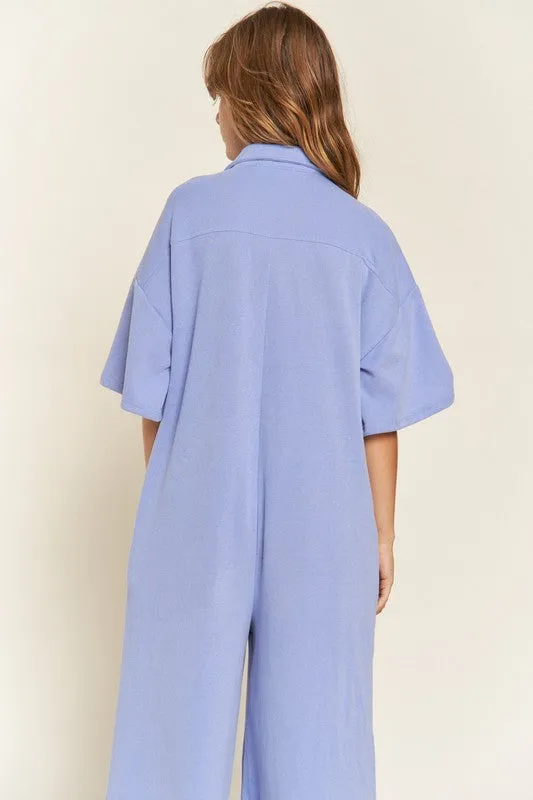 Plus Collar Shirt Wide Leg Jumpsuit