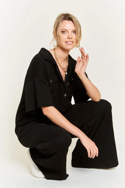 Plus Collar Shirt Wide Leg Jumpsuit