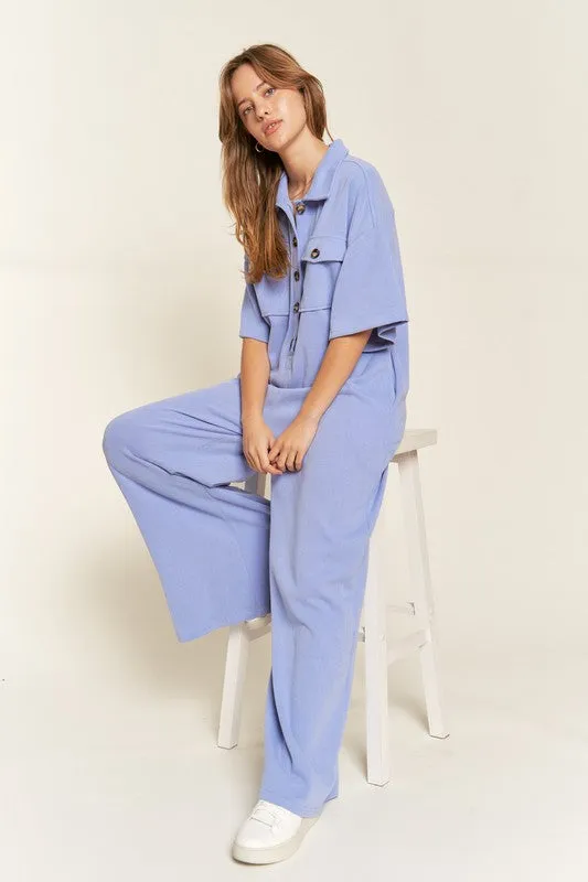 Plus Collar Shirt Wide Leg Jumpsuit