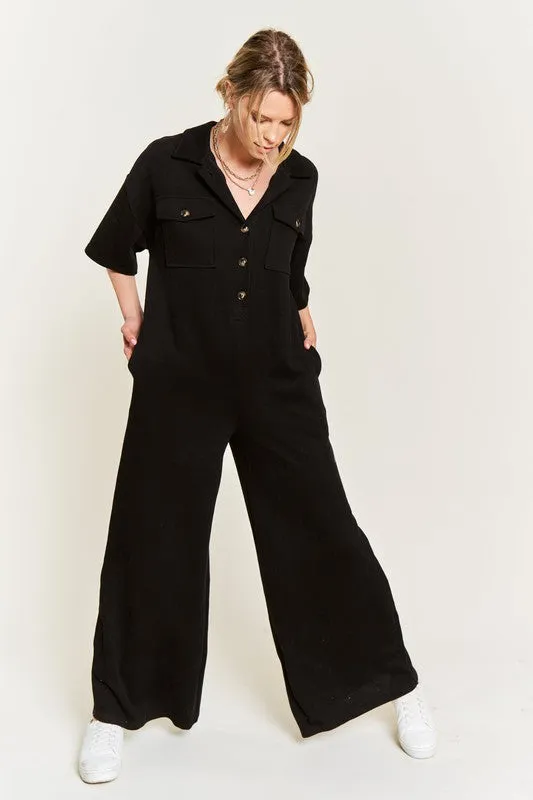 Plus Collar Shirt Wide Leg Jumpsuit