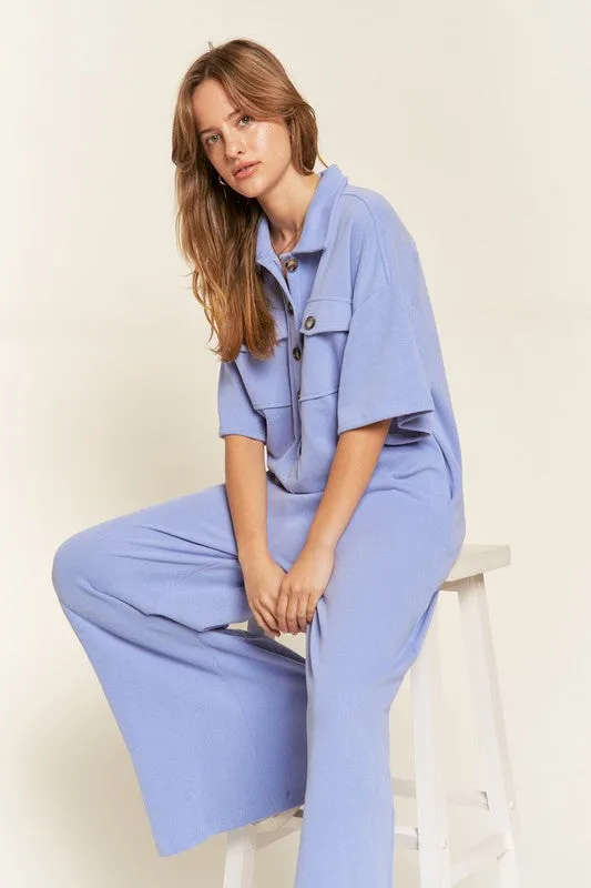 Plus Collar Shirt Wide Leg Jumpsuit