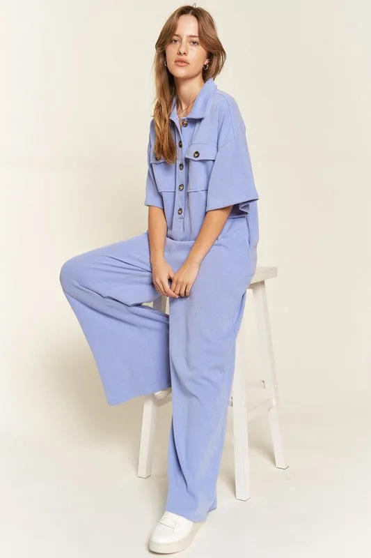 Plus Collar Shirt Wide Leg Jumpsuit