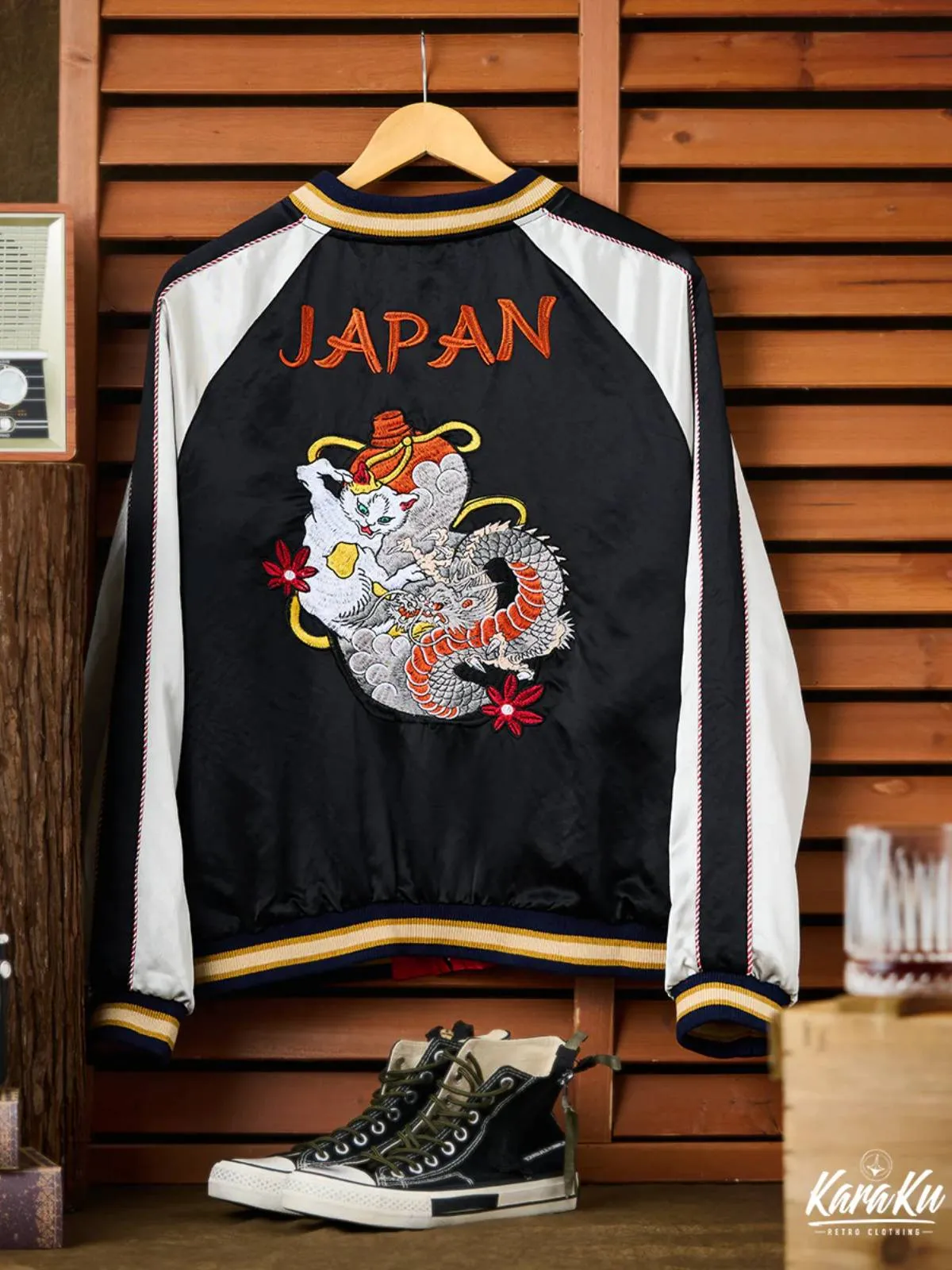 "Drunken Dragon & Mischievous Cat" Ukiyo-e Embroidered Sukajan