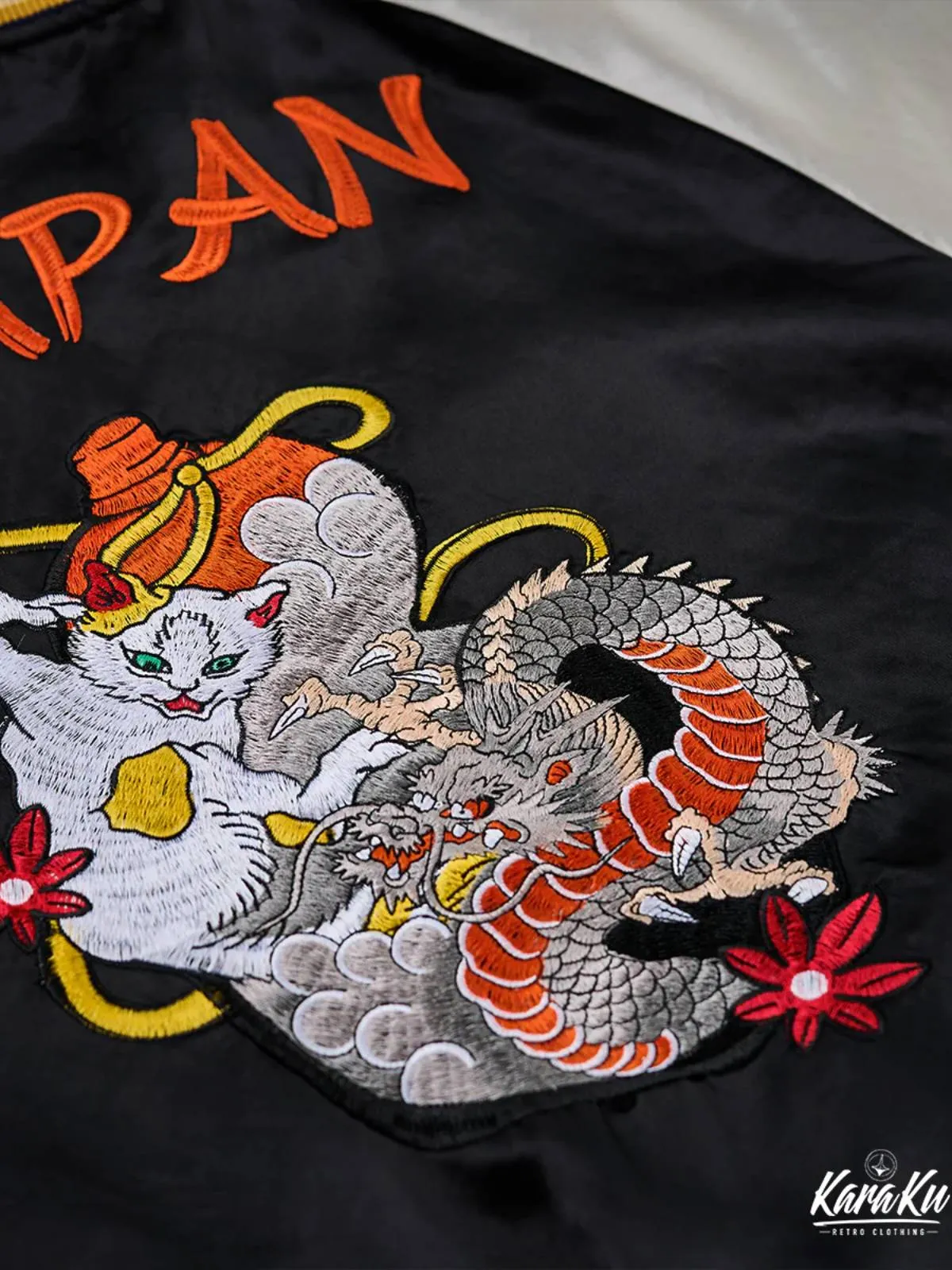 "Drunken Dragon & Mischievous Cat" Ukiyo-e Embroidered Sukajan