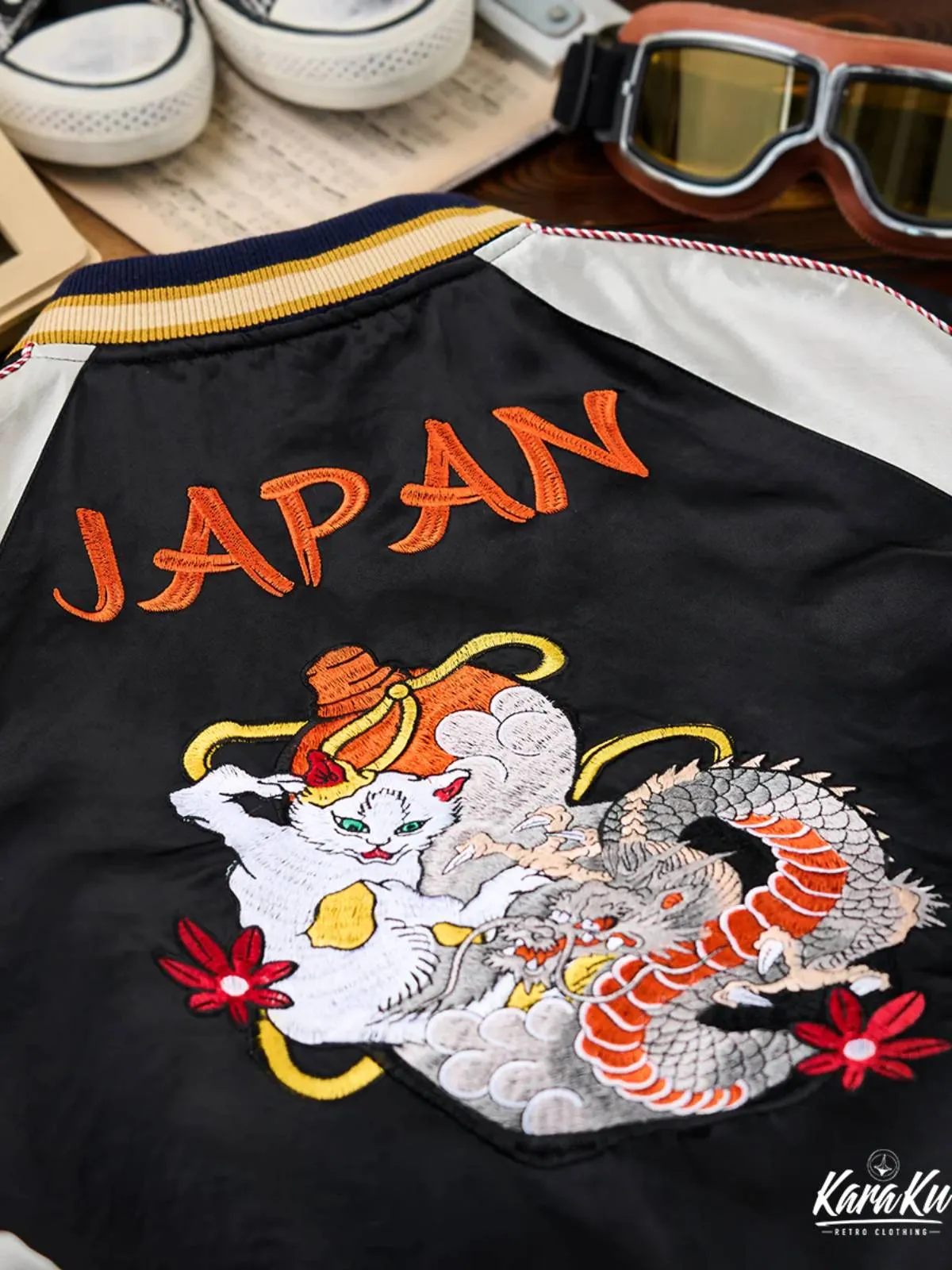 "Drunken Dragon & Mischievous Cat" Ukiyo-e Embroidered Sukajan