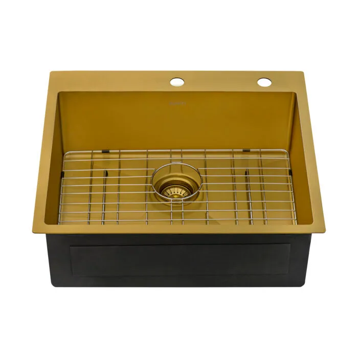Ruvati 25 inch Polished Brass Matte Gold Workstation Drop-in Topmount Kitchen Sink Single Bowl – RVH5007GG