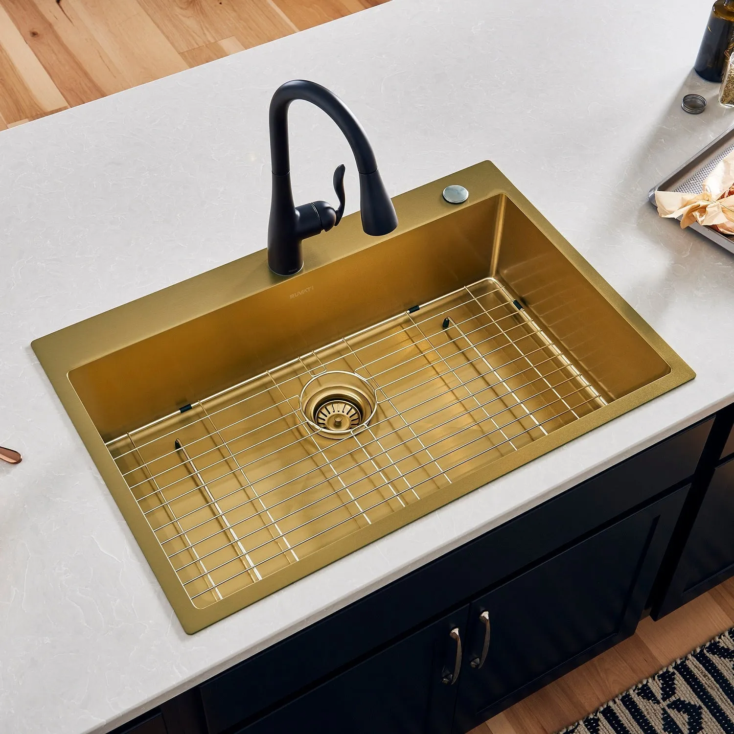 Ruvati 25 inch Polished Brass Matte Gold Workstation Drop-in Topmount Kitchen Sink Single Bowl – RVH5007GG