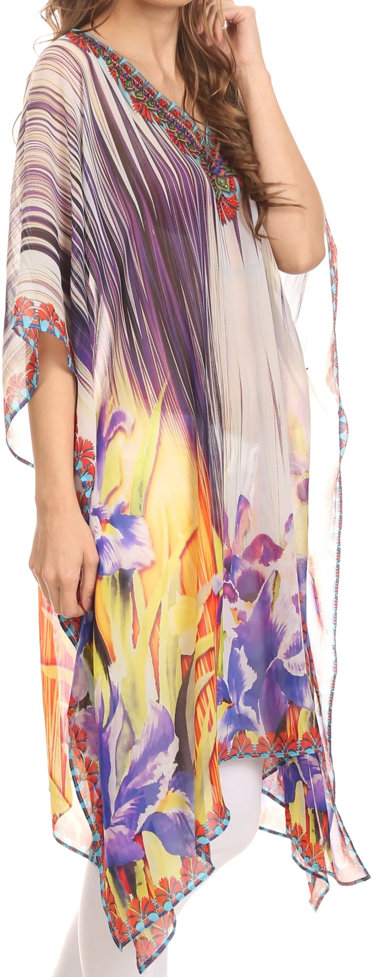 Sakkas Mimi Short Caftan Semi Sheer Moroccan Printed Pattern Dress / Cover Up