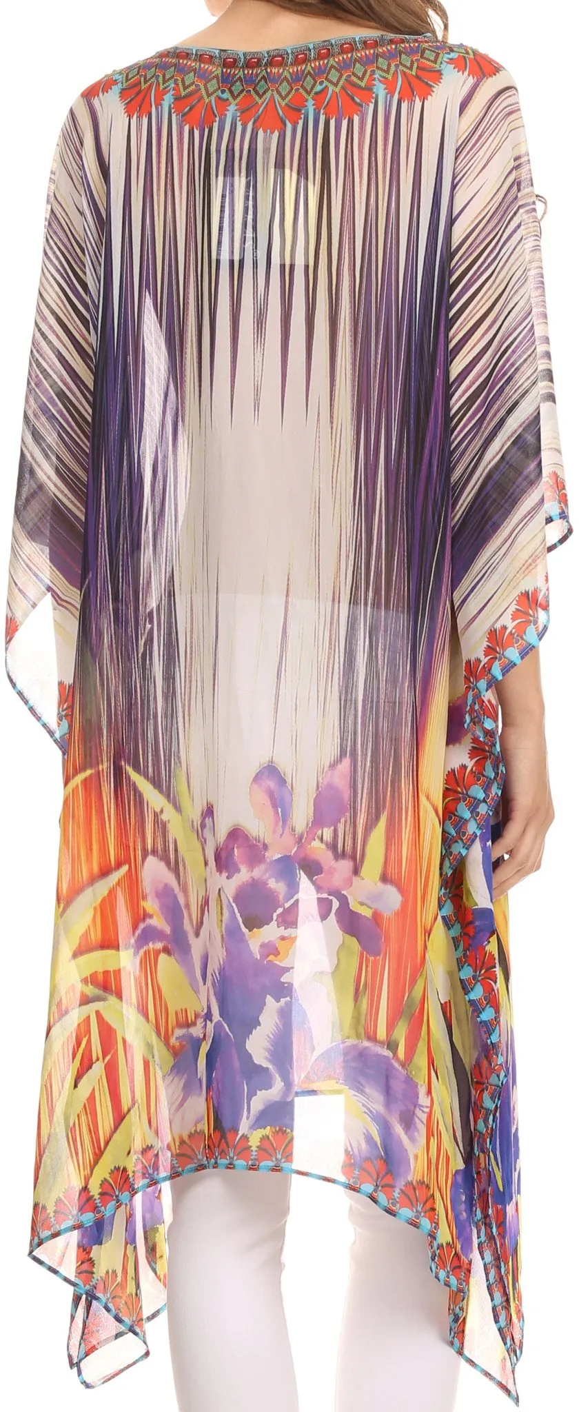 Sakkas Mimi Short Caftan Semi Sheer Moroccan Printed Pattern Dress / Cover Up