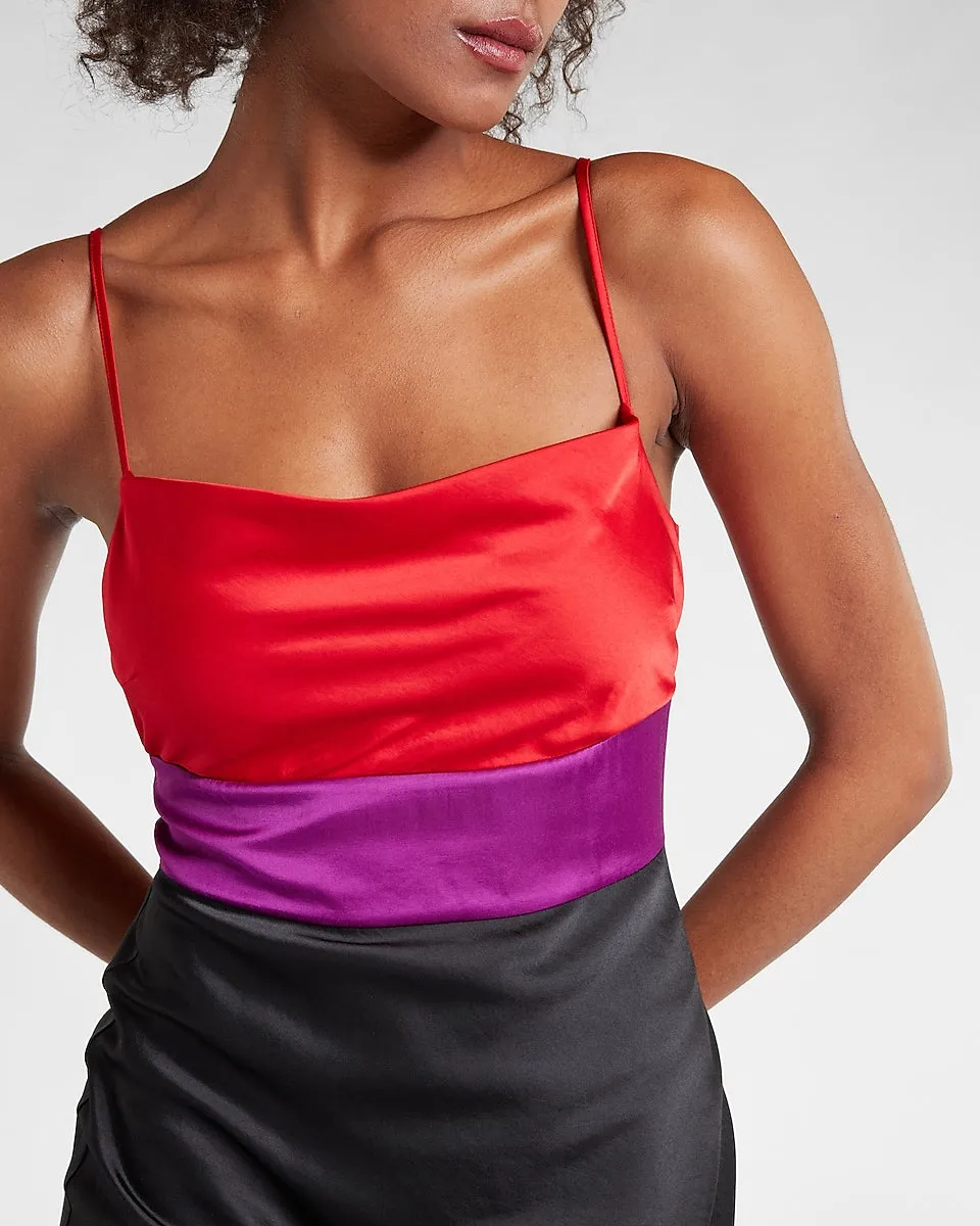 Satin Color Block Tier Cowl Neck Midi Slip Dress in Purple Crush