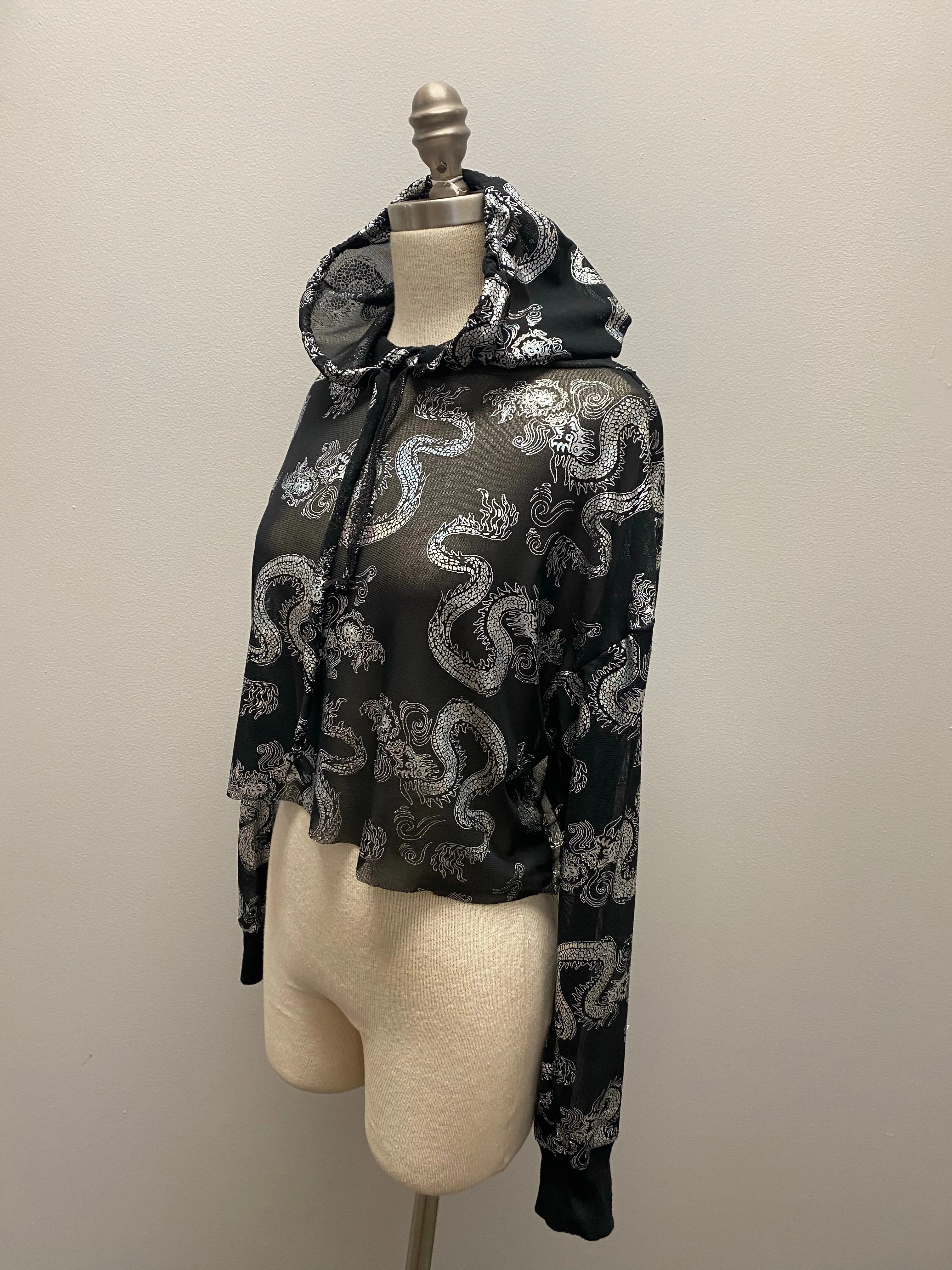 “Shera” dragon print mesh hoodie