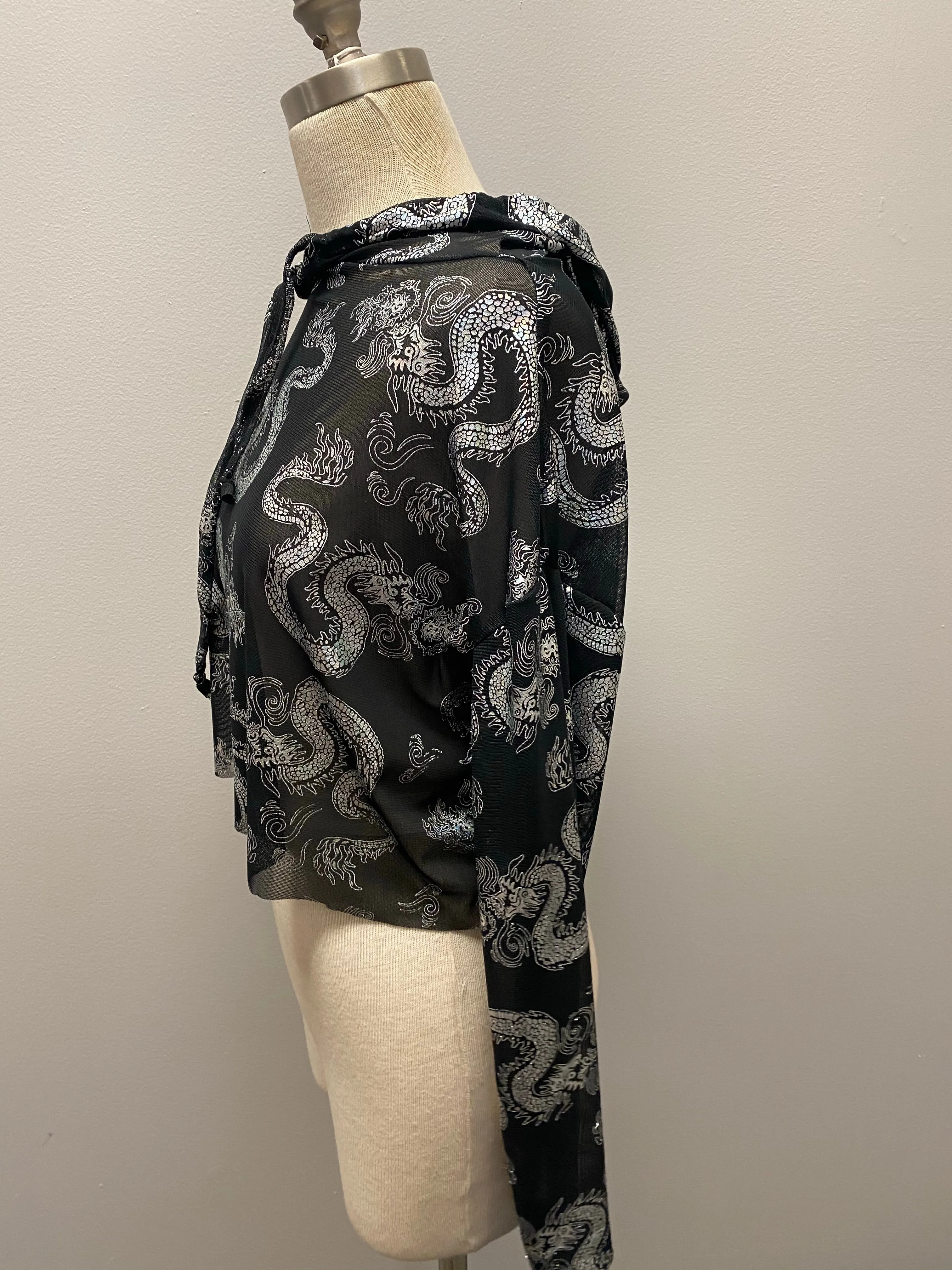 “Shera” dragon print mesh hoodie
