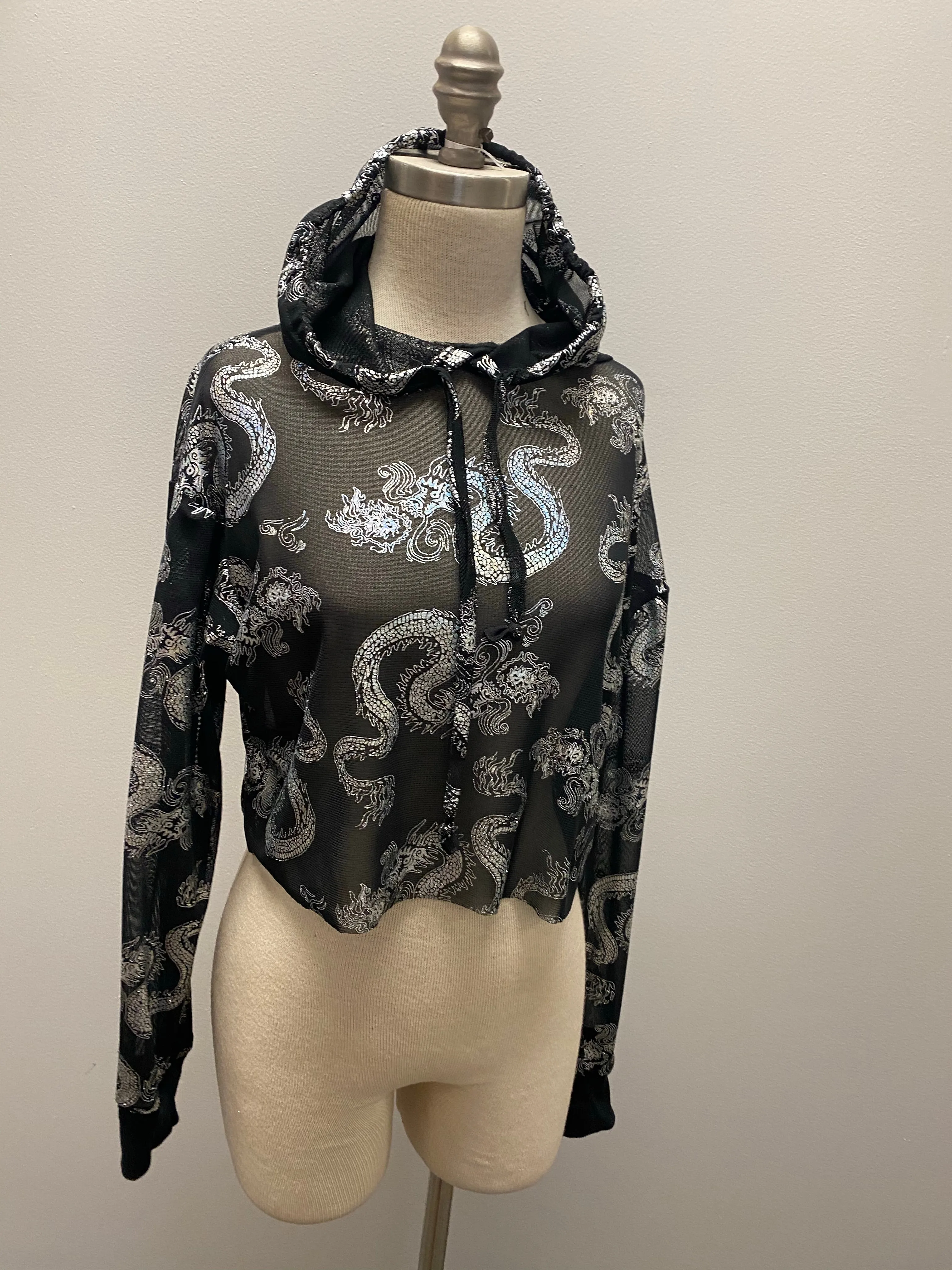 “Shera” dragon print mesh hoodie