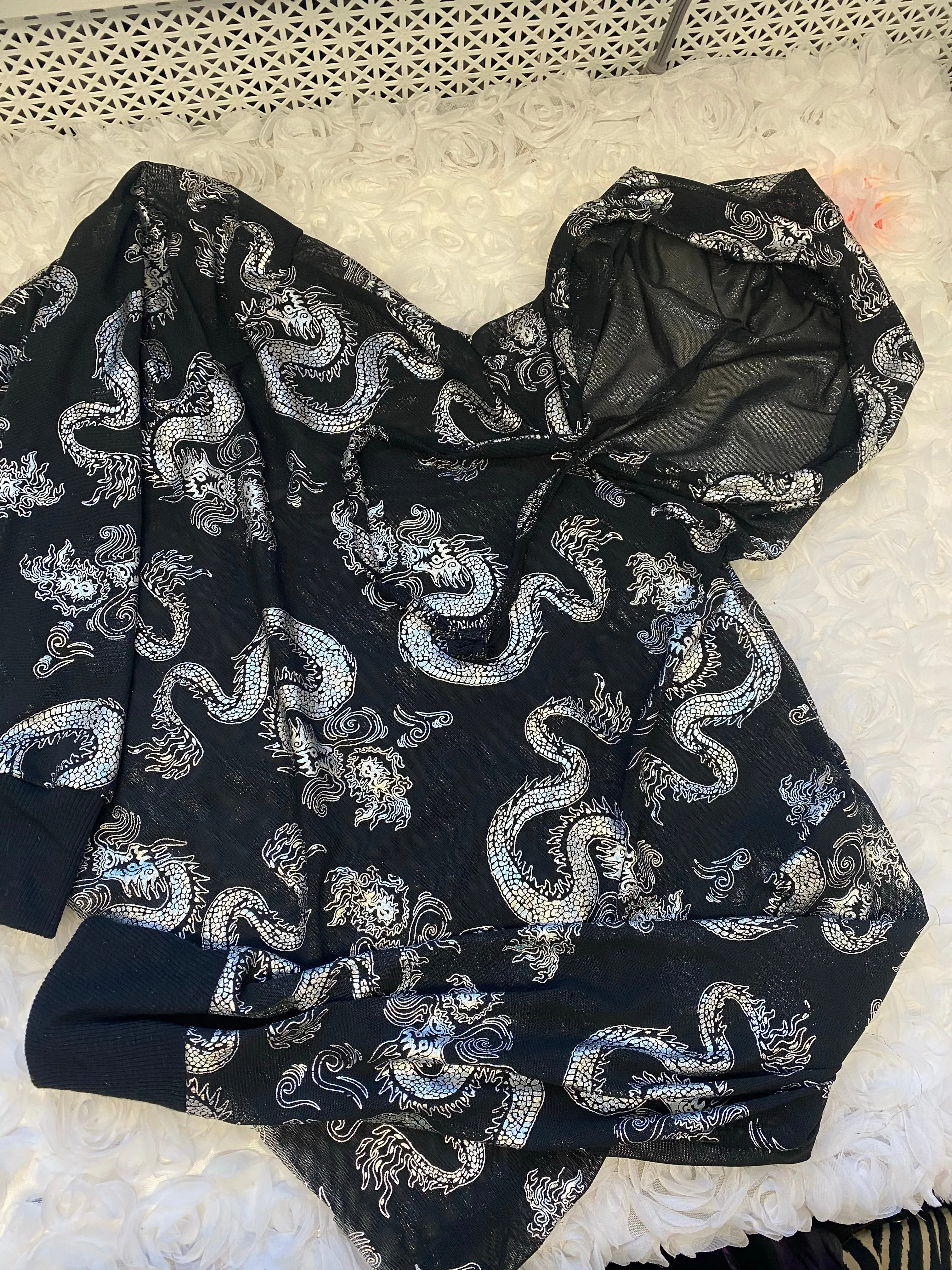 “Shera” dragon print mesh hoodie
