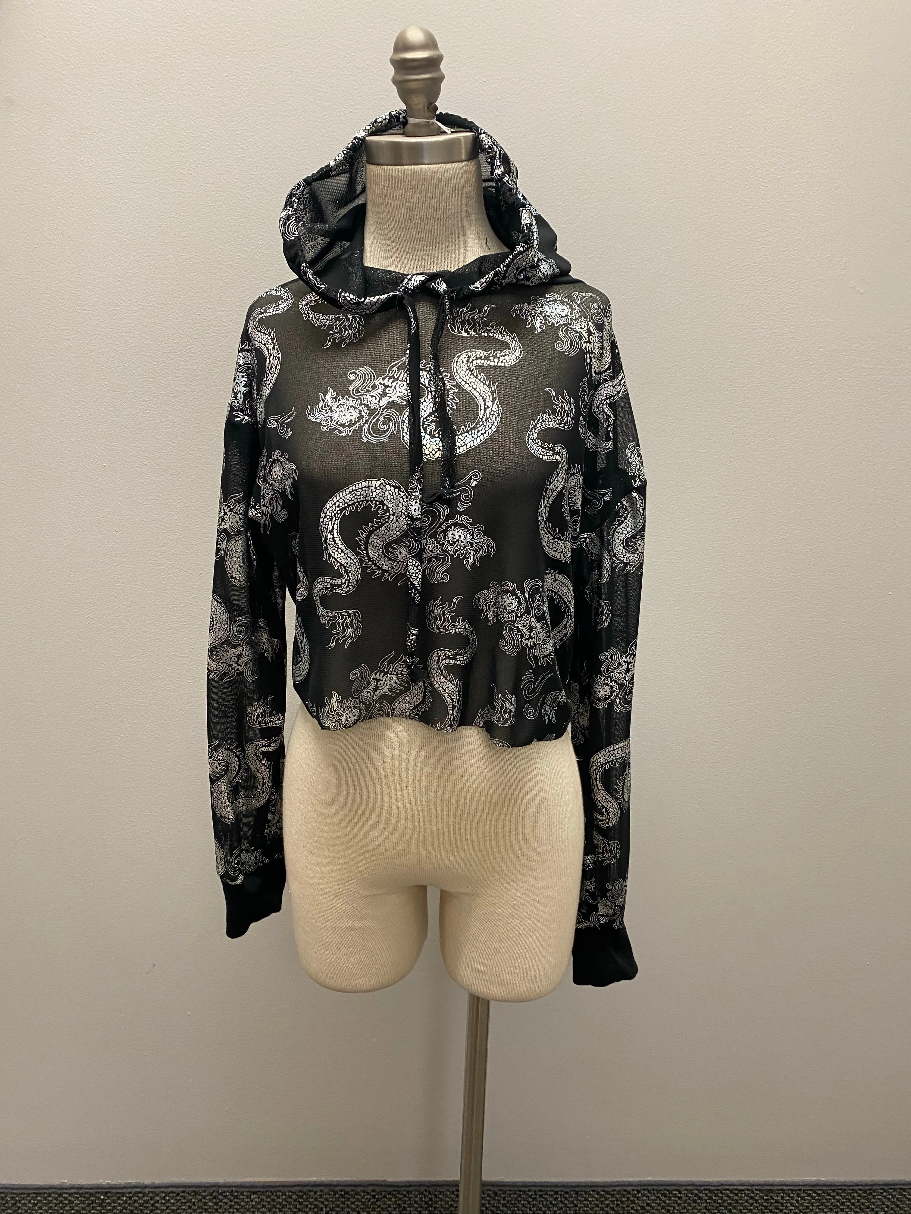 “Shera” dragon print mesh hoodie