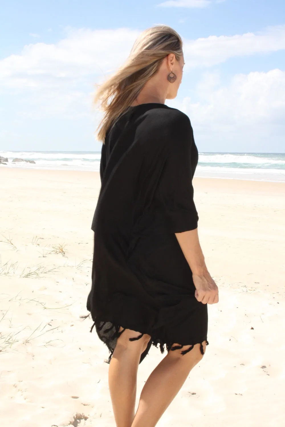 Short Kaftan With Tassels In Black