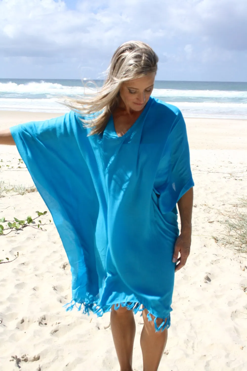 Short Kaftan With Tassels In Electric Blue