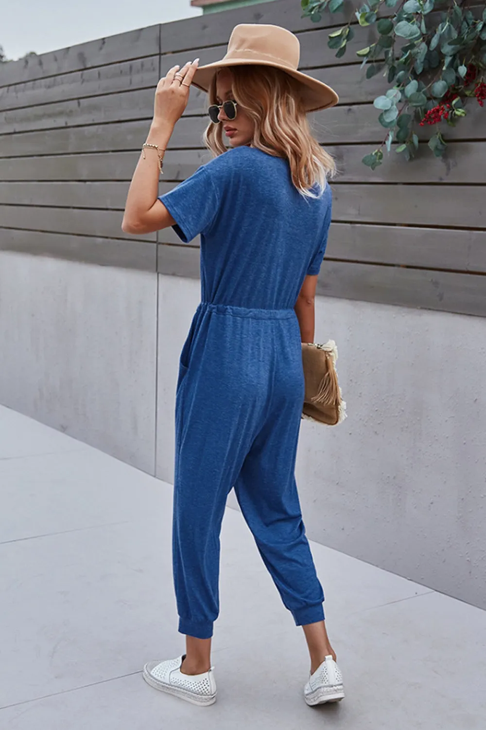 Solid Color V-Neck Jumpsuit