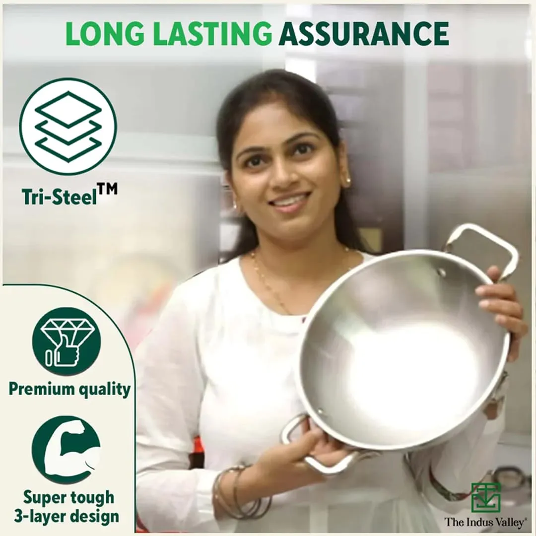 The Indus Valley Triply Stainless Steel Kadai | Medium 23.4cm/9.2 inch, 2.7Ltr, 1.2kg | Induction Friendly | Nonstick 3-Layer Body, 100% Pure & Toxin-Free, No Chemical Coating
