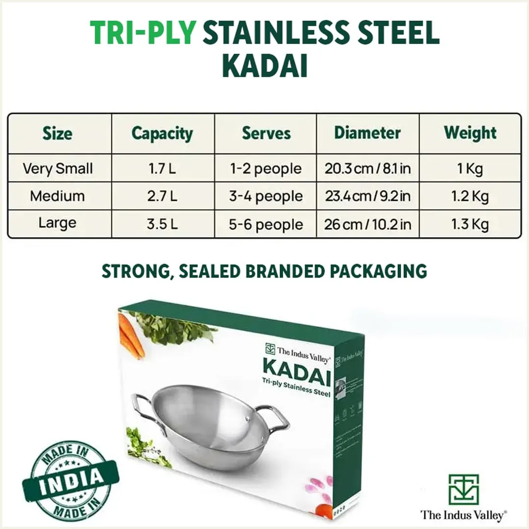 The Indus Valley Triply Stainless Steel Kadai | Medium 23.4cm/9.2 inch, 2.7Ltr, 1.2kg | Induction Friendly | Nonstick 3-Layer Body, 100% Pure & Toxin-Free, No Chemical Coating