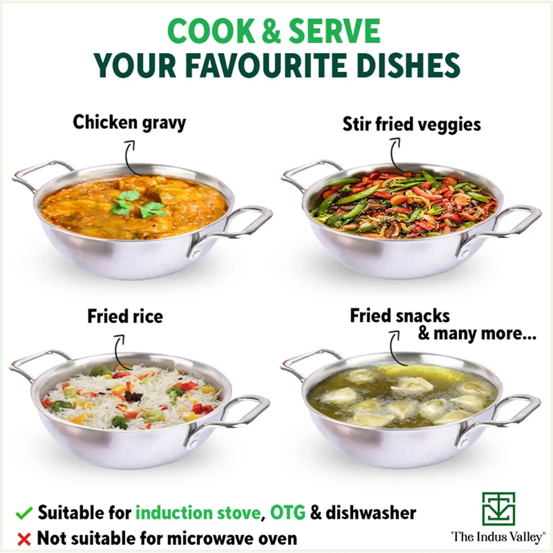 The Indus Valley Triply Stainless Steel Kadai | Medium 23.4cm/9.2 inch, 2.7Ltr, 1.2kg | Induction Friendly | Nonstick 3-Layer Body, 100% Pure & Toxin-Free, No Chemical Coating