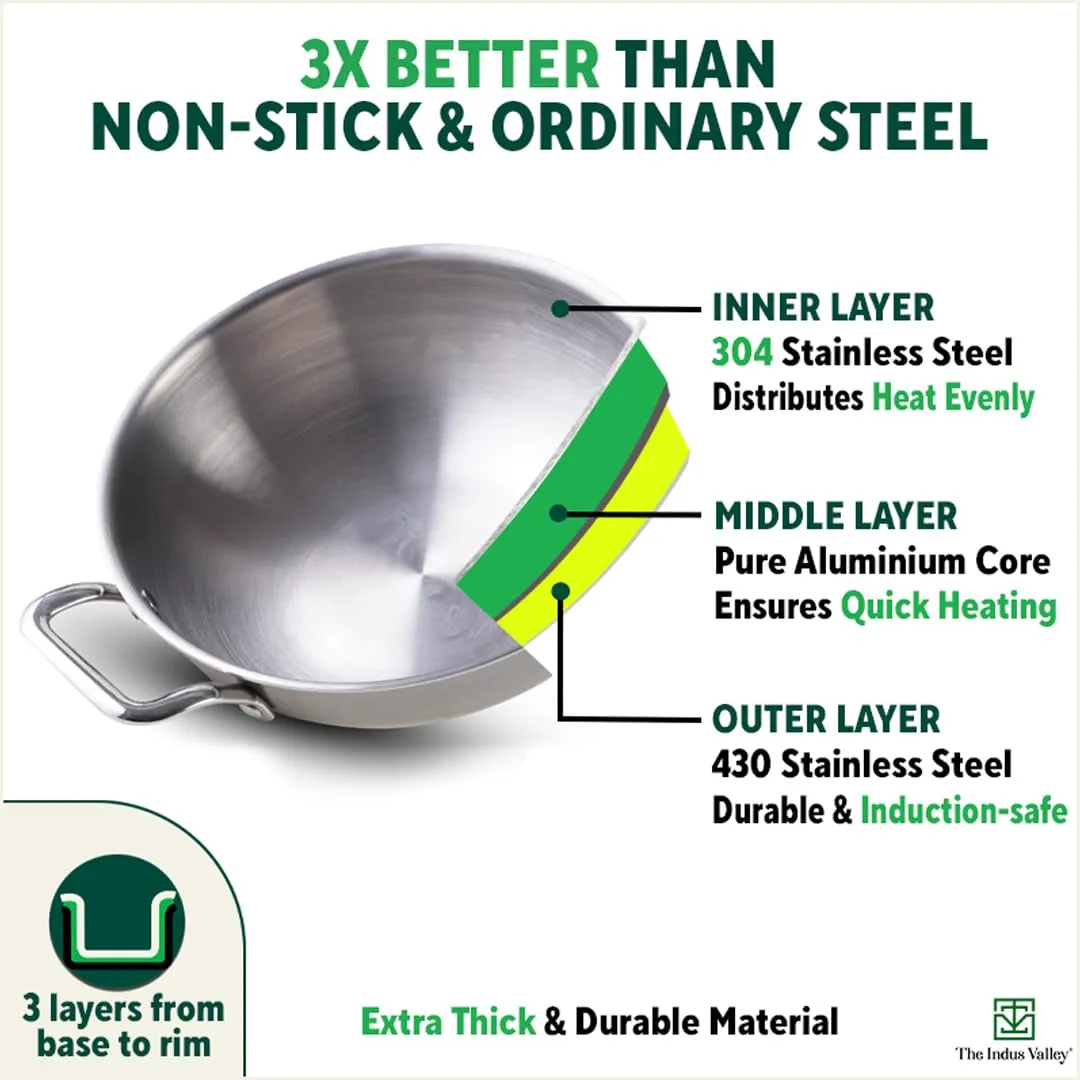 The Indus Valley Triply Stainless Steel Kadai | Medium 23.4cm/9.2 inch, 2.7Ltr, 1.2kg | Induction Friendly | Nonstick 3-Layer Body, 100% Pure & Toxin-Free, No Chemical Coating