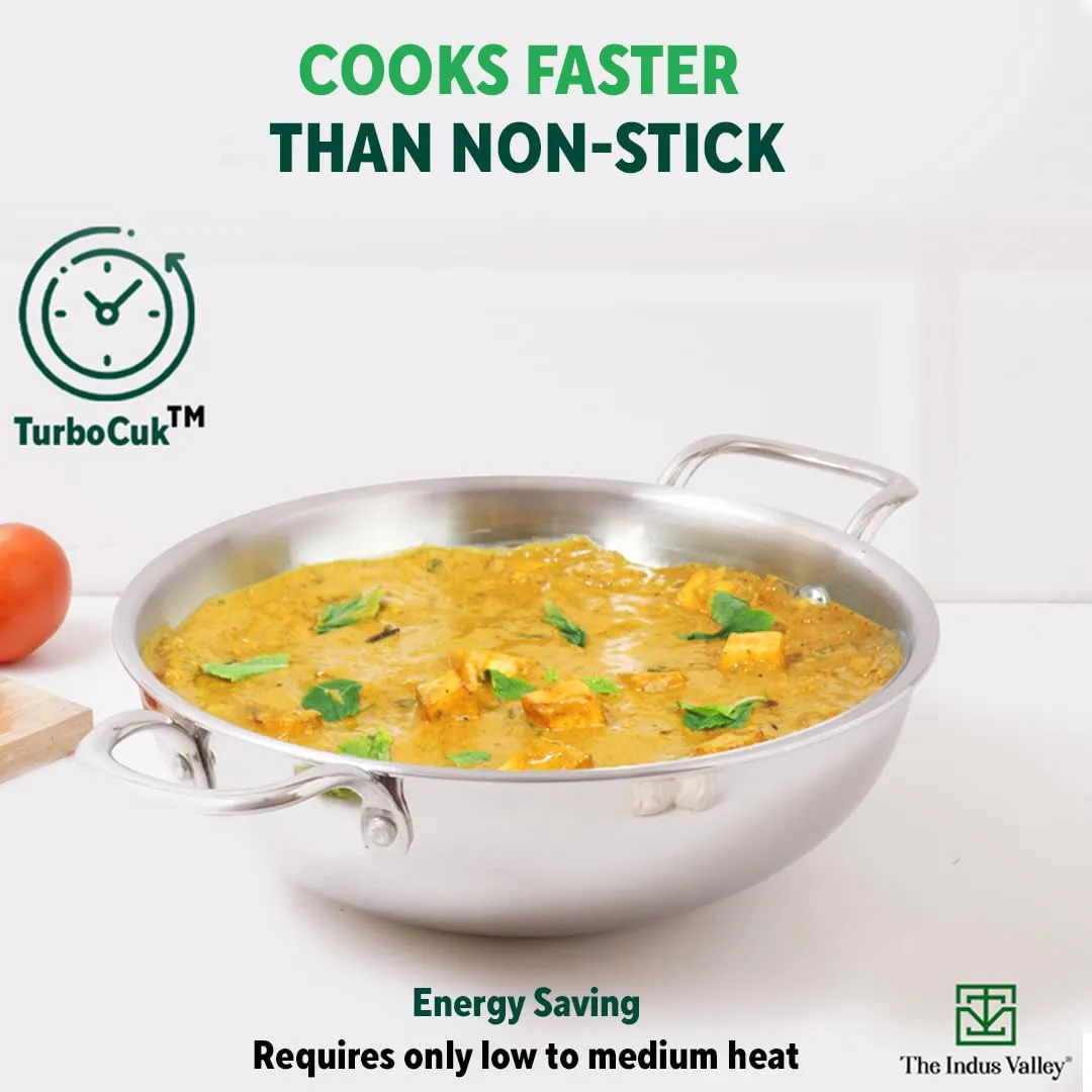The Indus Valley Triply Stainless Steel Kadai | Medium 23.4cm/9.2 inch, 2.7Ltr, 1.2kg | Induction Friendly | Nonstick 3-Layer Body, 100% Pure & Toxin-Free, No Chemical Coating