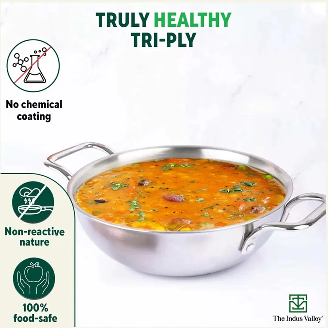 The Indus Valley Triply Stainless Steel Kadai | Medium 23.4cm/9.2 inch, 2.7Ltr, 1.2kg | Induction Friendly | Nonstick 3-Layer Body, 100% Pure & Toxin-Free, No Chemical Coating