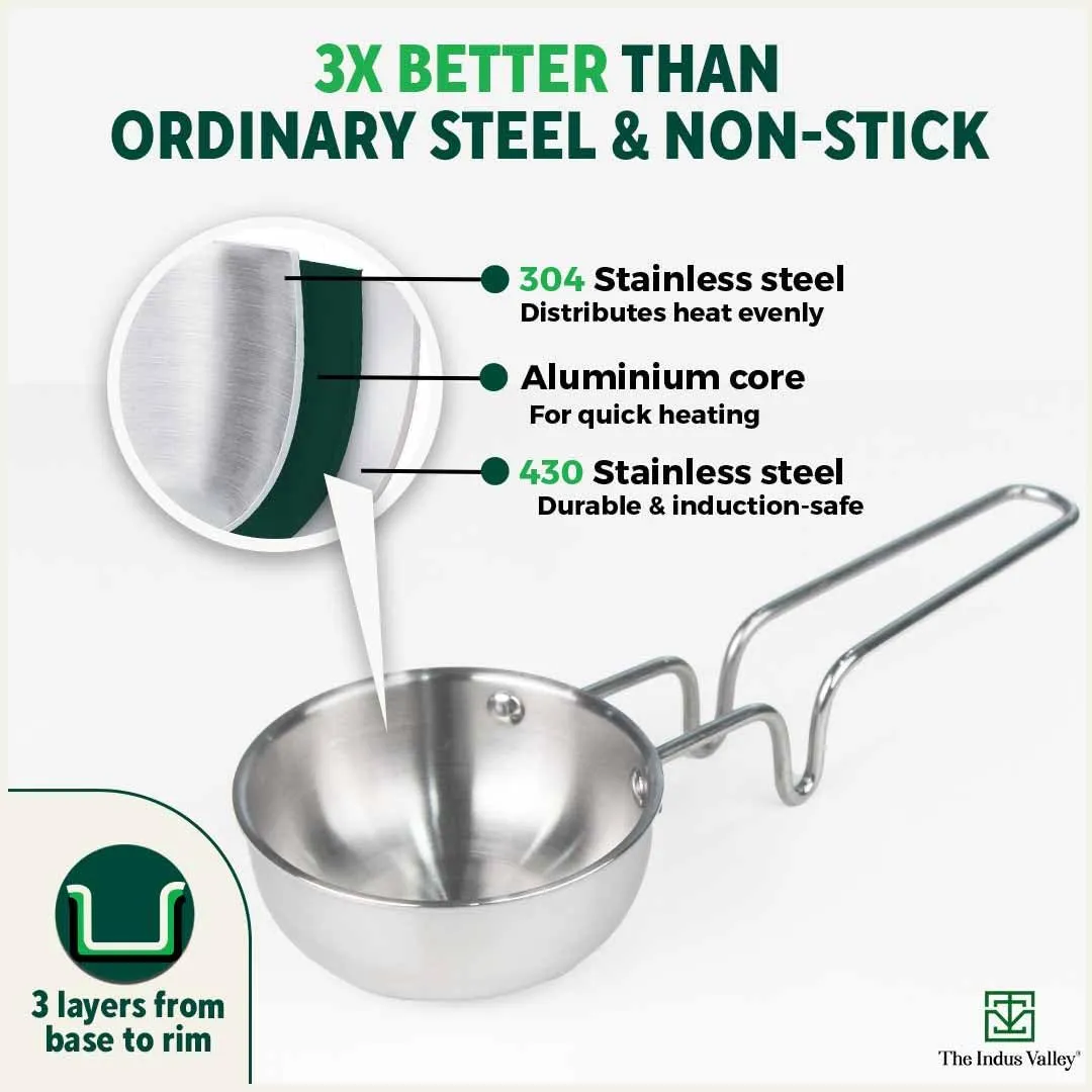 The Indus Valley Triply Stainless Steel Tadka Pan | Very Small 12cm/4.7 inch, 0.3Ltr, 0.35kg | Induction Friendly | Nonstick 3-Layer Body, 100% Pure & Toxin-Free, No Chemical Coating