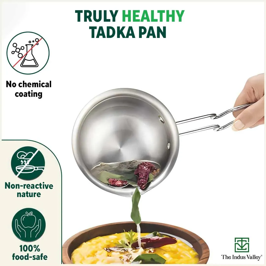 The Indus Valley Triply Stainless Steel Tadka Pan | Very Small 12cm/4.7 inch, 0.3Ltr, 0.35kg | Induction Friendly | Nonstick 3-Layer Body, 100% Pure & Toxin-Free, No Chemical Coating