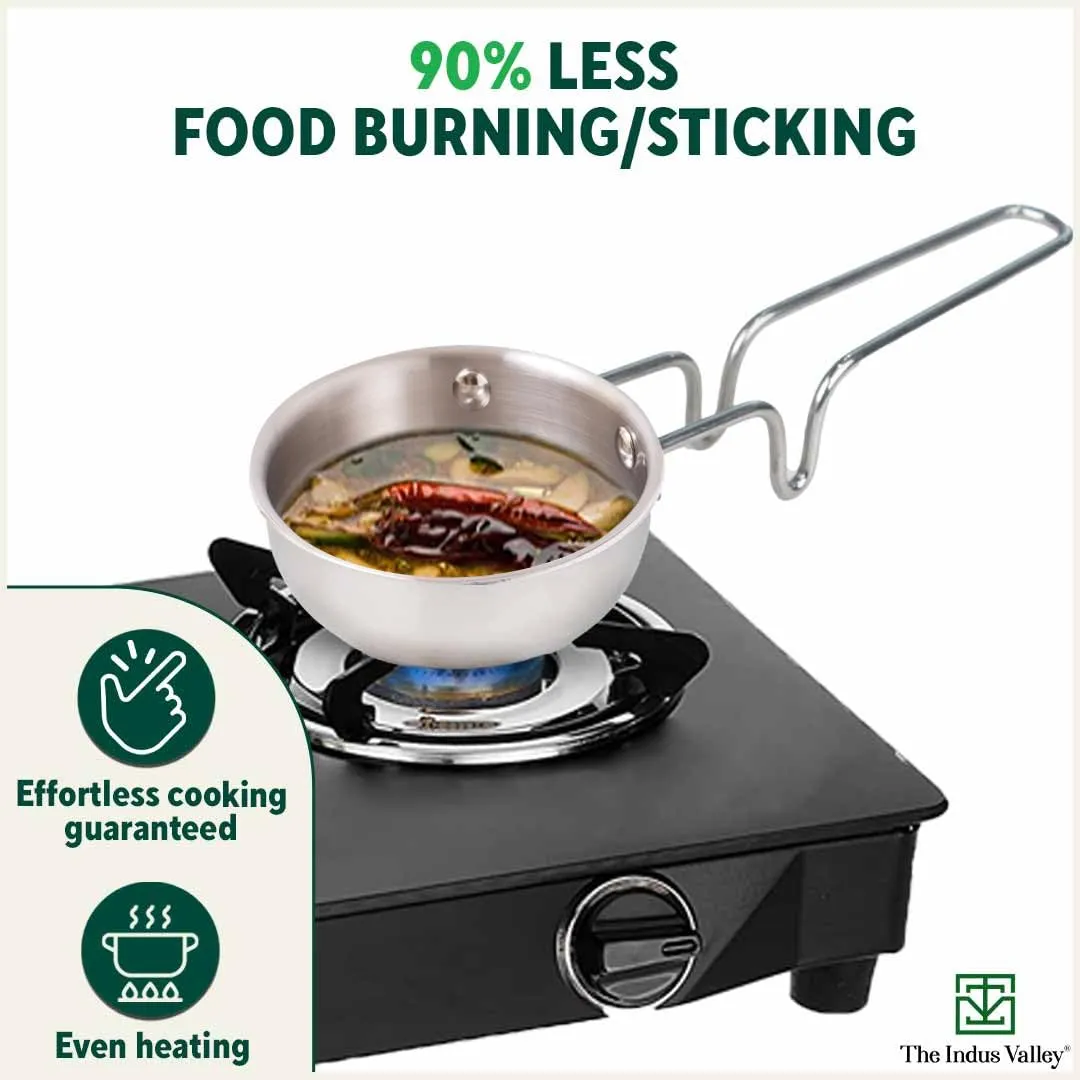 The Indus Valley Triply Stainless Steel Tadka Pan | Very Small 12cm/4.7 inch, 0.3Ltr, 0.35kg | Induction Friendly | Nonstick 3-Layer Body, 100% Pure & Toxin-Free, No Chemical Coating