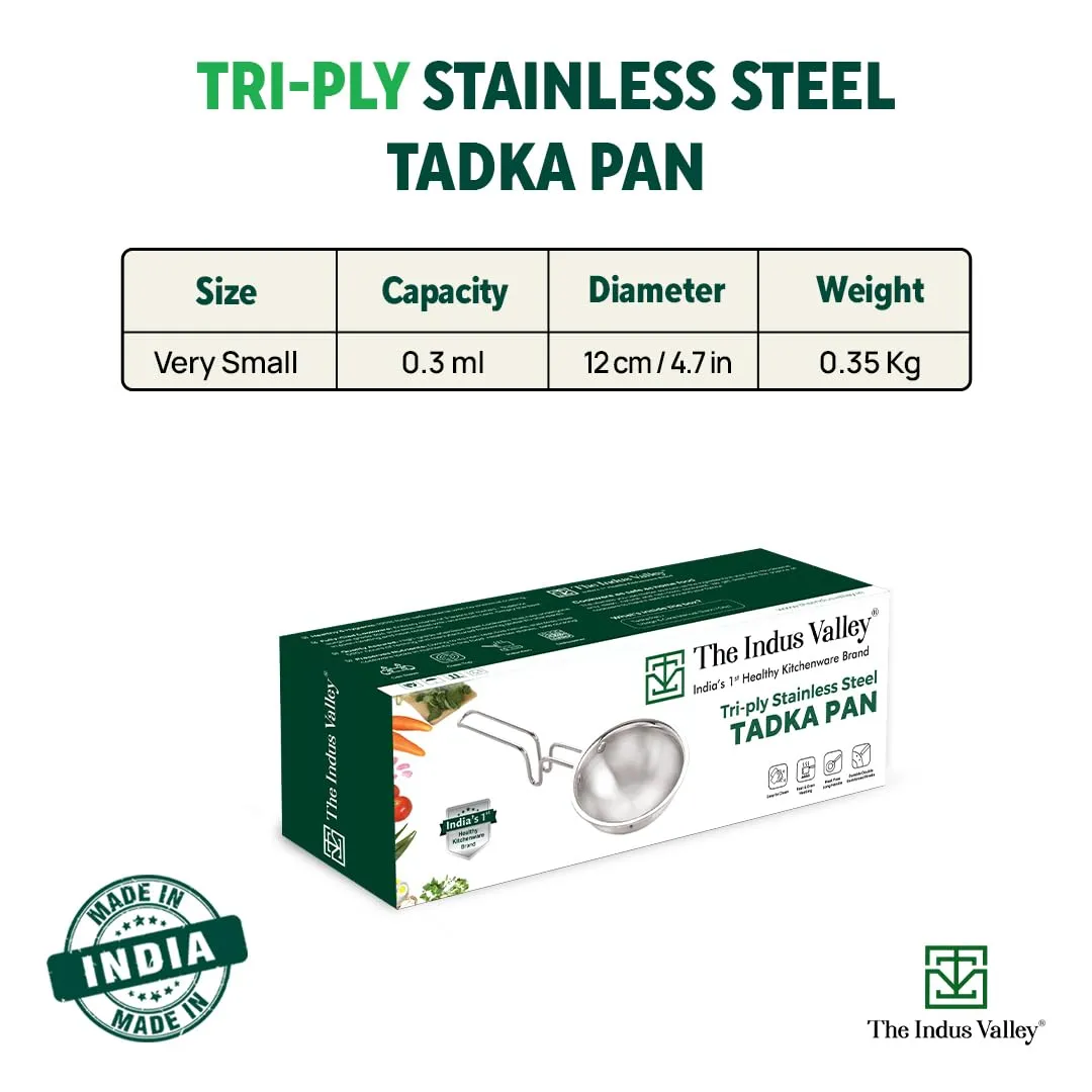 The Indus Valley Triply Stainless Steel Tadka Pan | Very Small 12cm/4.7 inch, 0.3Ltr, 0.35kg | Induction Friendly | Nonstick 3-Layer Body, 100% Pure & Toxin-Free, No Chemical Coating