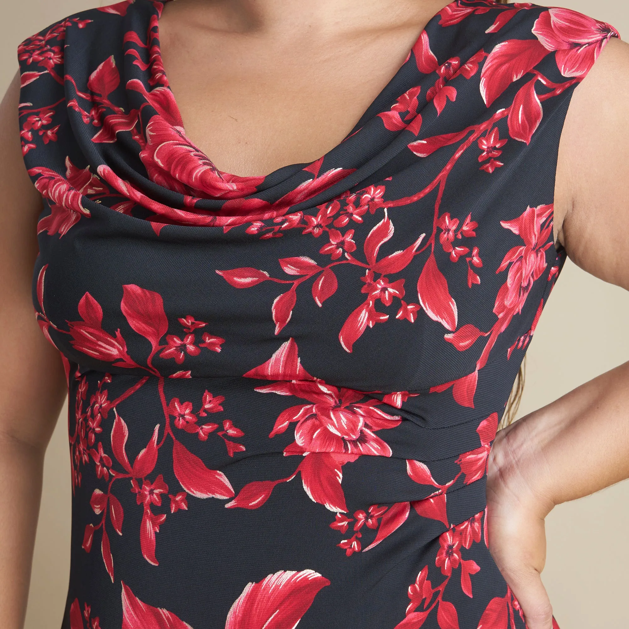 Tonya Red Floral Cowl Neck Midi Dress